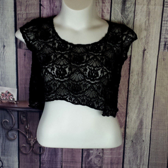 papaya Tops - SZ S sheer lace black crop top F35